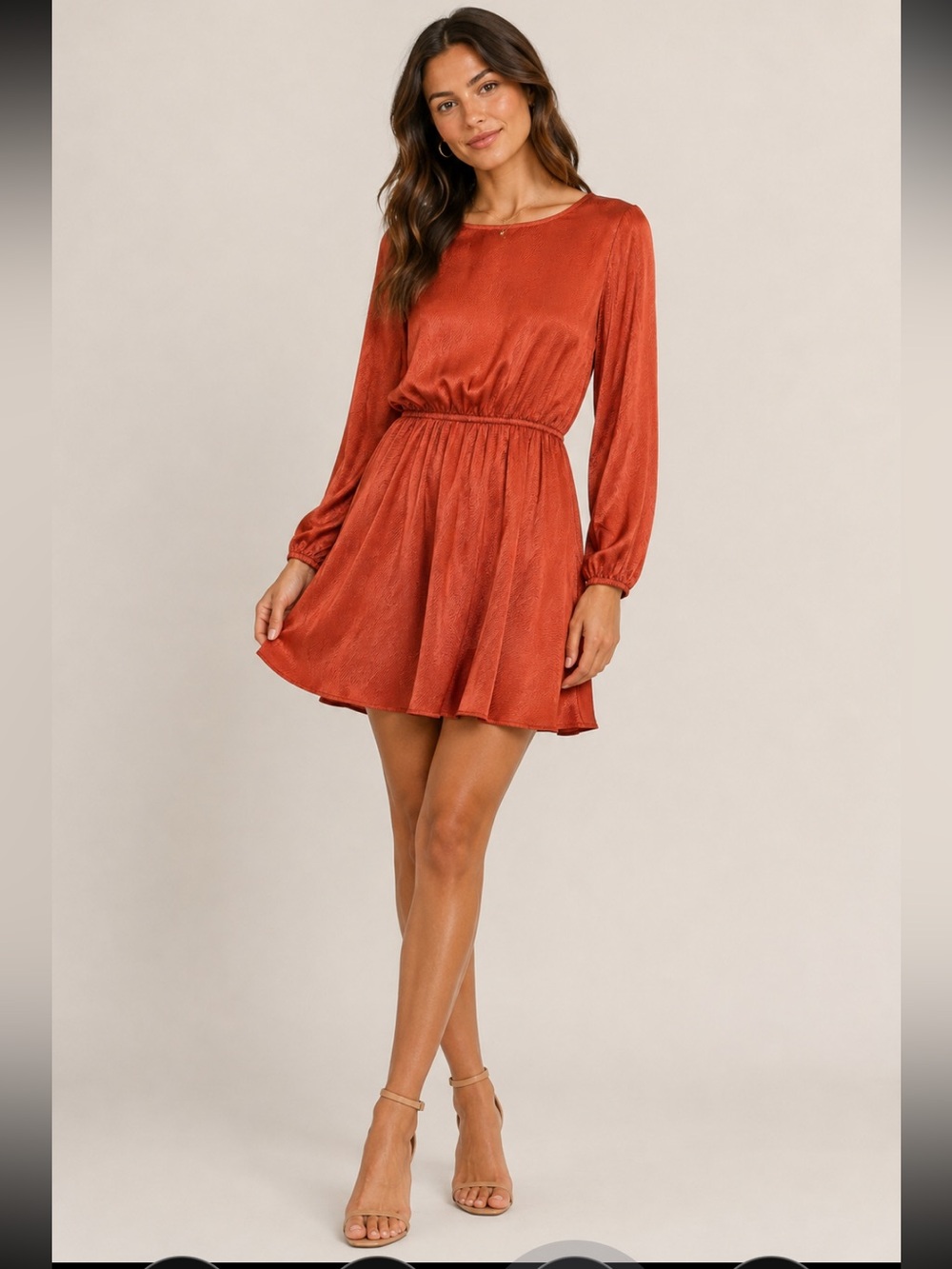Cadallero Rust Long-Sleeve Elastic-Waist Mini Dress